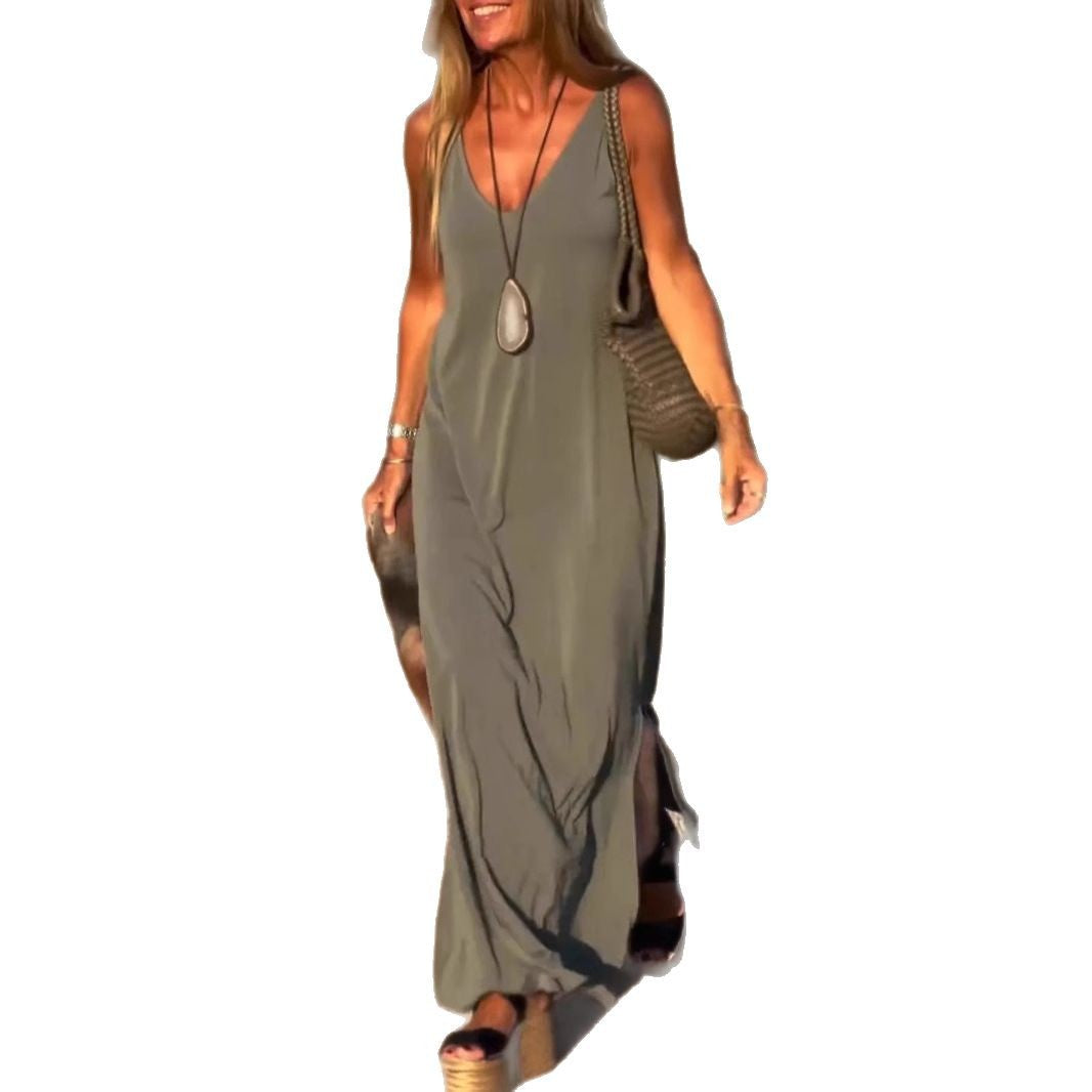 Damen Maxikleid Elegant V-Ausschnitt Hochwertig