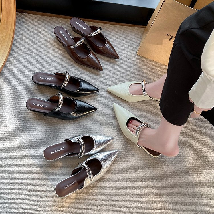 Damen Mules Slingback Schuhe Spitz Mit Ketten Dekor Elegant