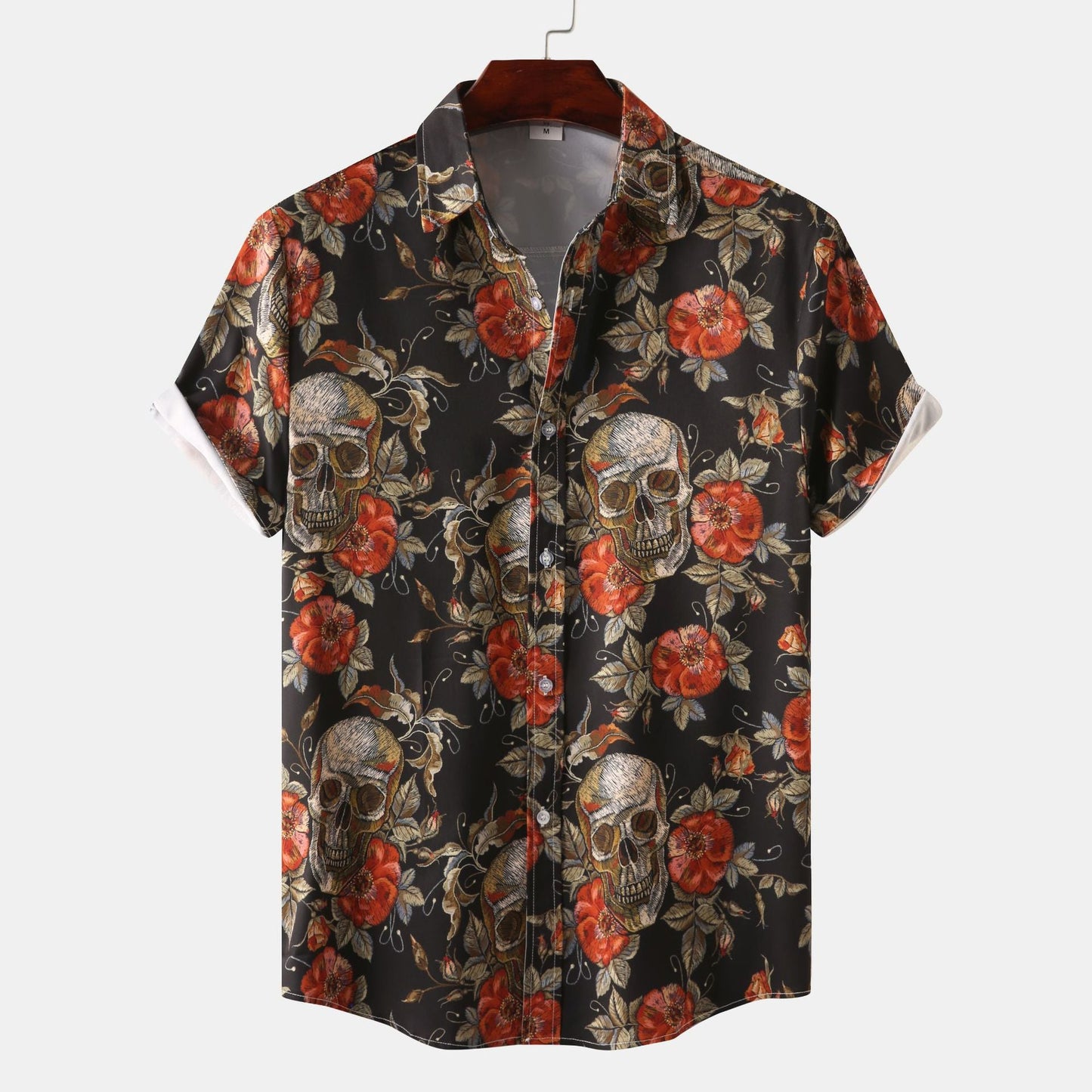 Herren Hemd Kurzarm Totenkopf Blumenmuster trendy