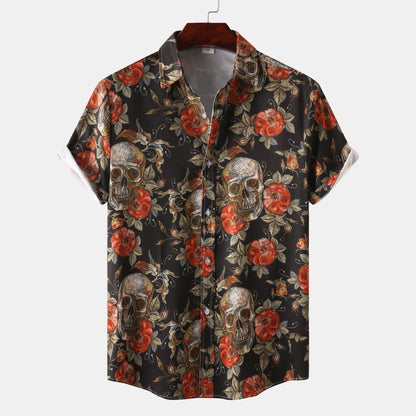 Herren Hemd Kurzarm Totenkopf Blumenmuster trendy