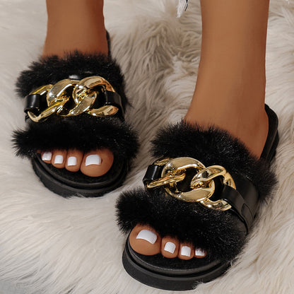 Damen Slides Sandalen Pelzbesatz Glitzerketten Modern - BerlinGlamour