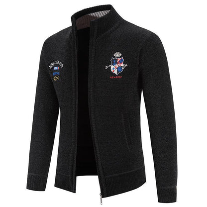 Herren Strickjacke Modern mit Hochkragen und Stickerei