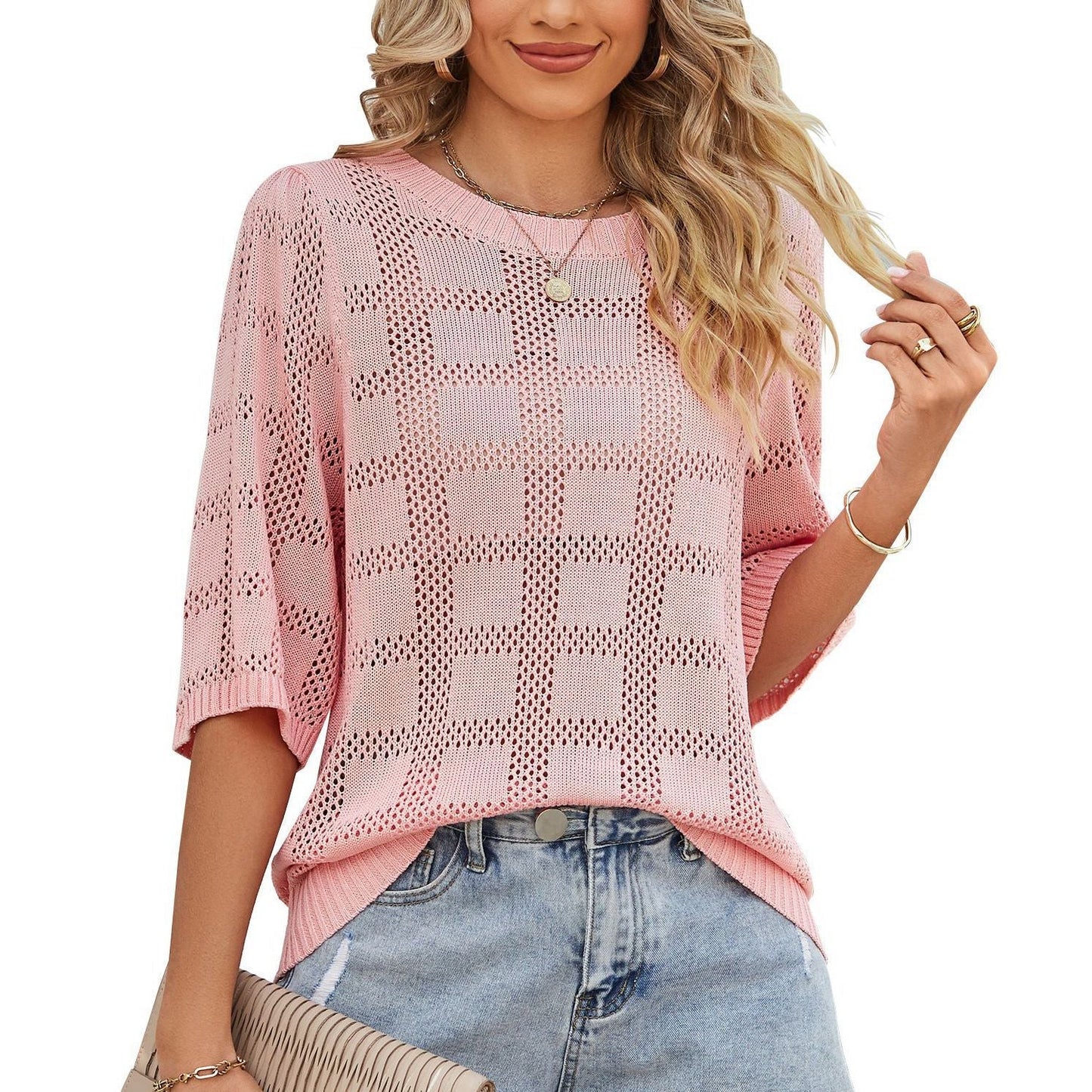Damen Stricktop Weit Modern Lochmuster Oberteil