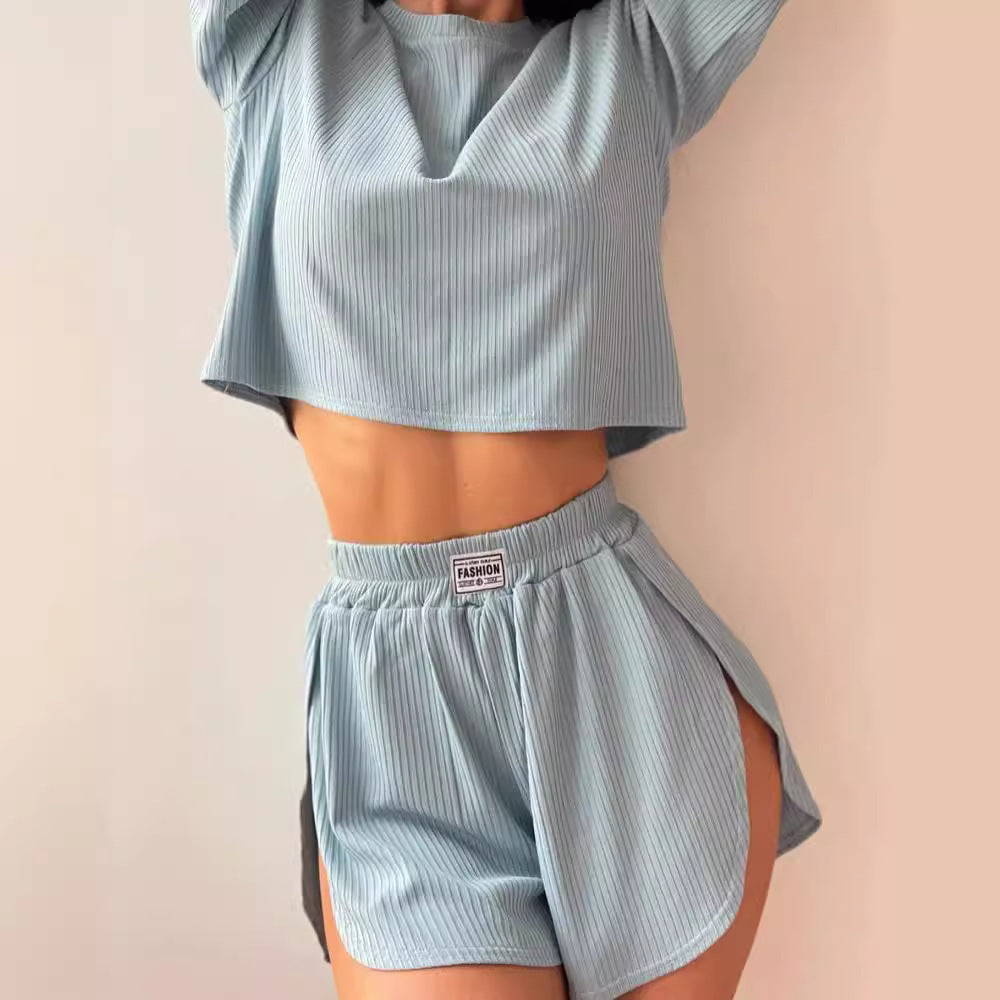 Damen Pyjama Set Bequem Atmungsaktiv Rippstruktur