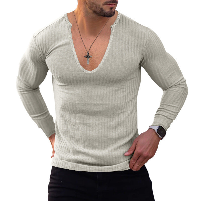 Herren Langarmshirt V-Ausschnitt Feine Rippstruktur Modern