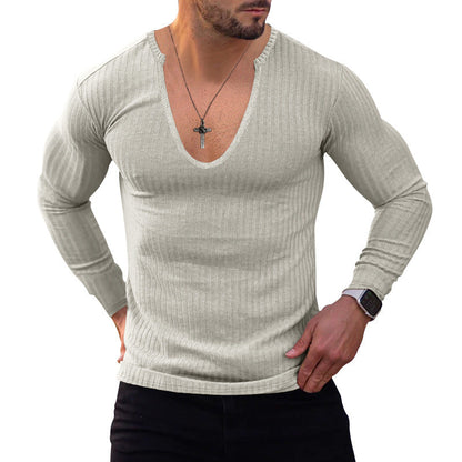 Herren Langarmshirt V-Ausschnitt Feine Rippstruktur Modern
