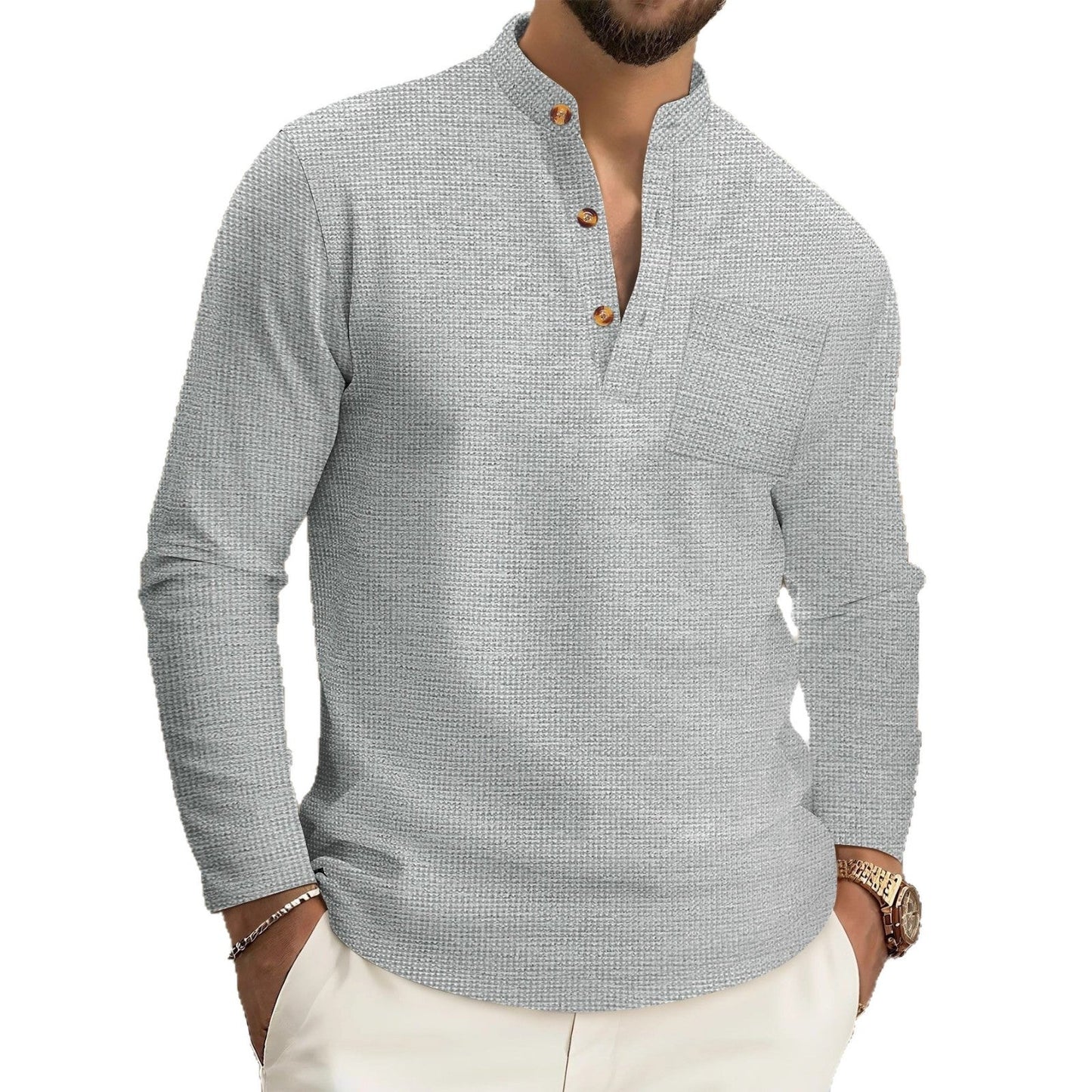 Herren Langarmshirt Stehkragen Modern Knöpfe Schwarz