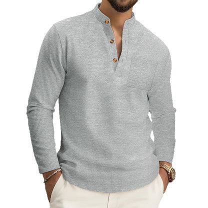 Herren Langarmshirt Stehkragen Modern Knöpfe Schwarz