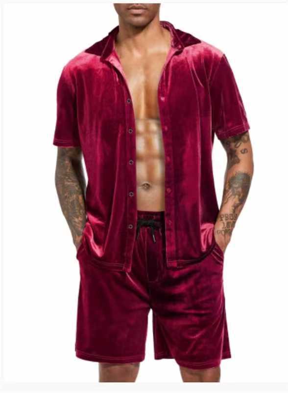 Herren Samt Hemd Shorts Set Luxus Sommer