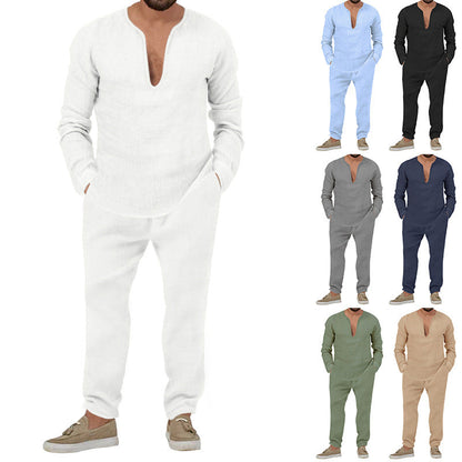 Herren Leinenanzug Set Elegantes Loungewear Stehkragen Modern - BerlinGlamour