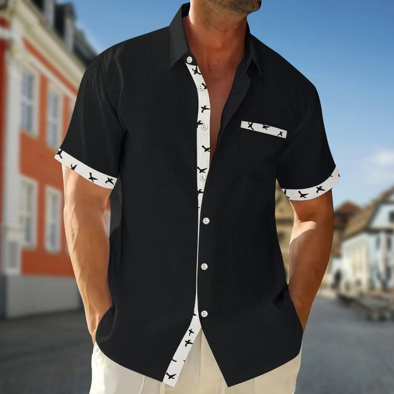 Herren Kurzarmhemd Modern Muster Kontrastakzente Sommer
