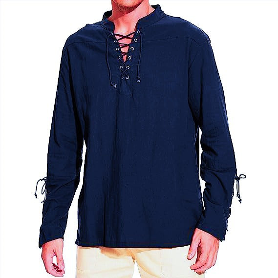 Herren Leinenhemd Langarm Modern Schnürfront Eleganz