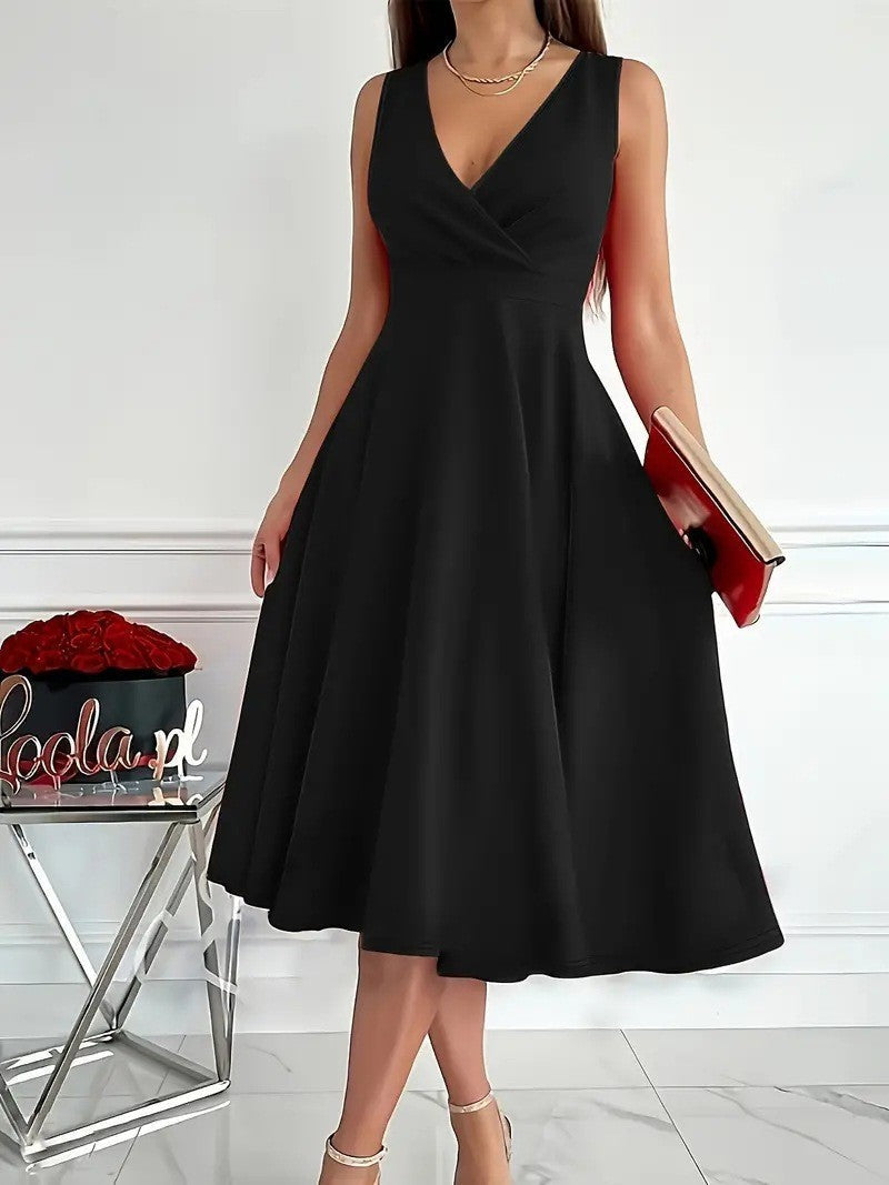 Damen Wickelkleid A-Linie Elegant V-Ausschnitt Schwarz