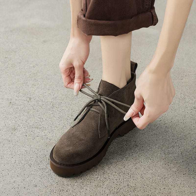 Damen Stiefeletten Wildleder Bequem Schnürsenkel Braun