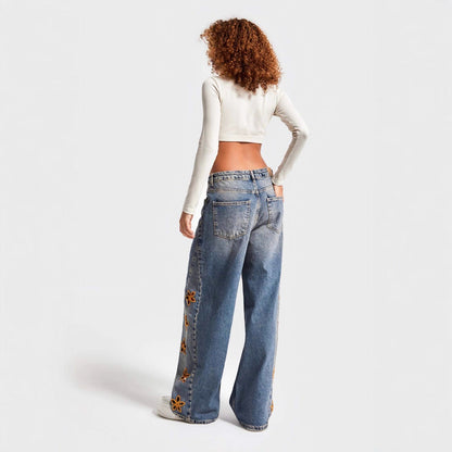 Damen Jeans Weite Bein mit Blumen Stickerei
