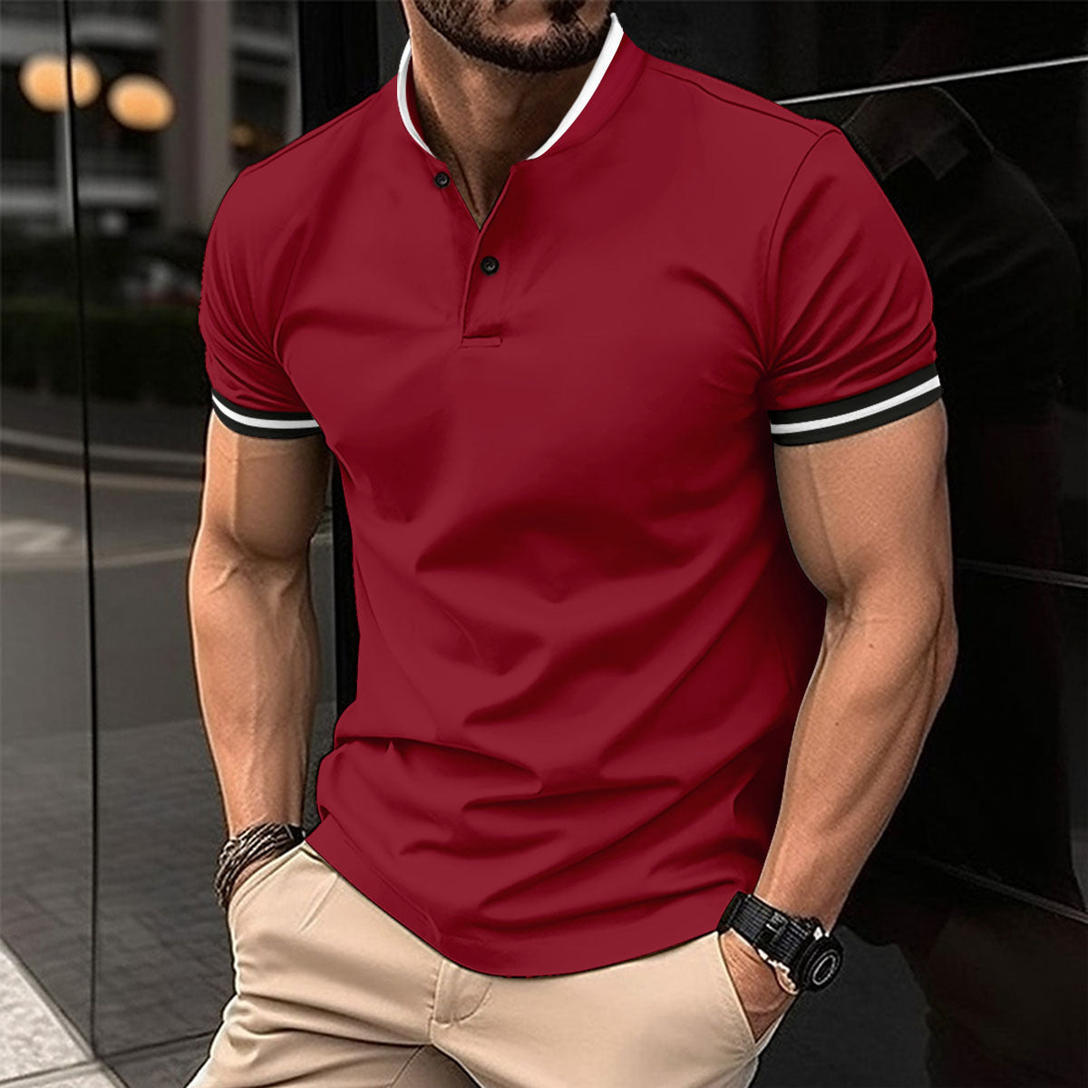 Herren Poloshirt Modern mit Henley Kragen Sportlich