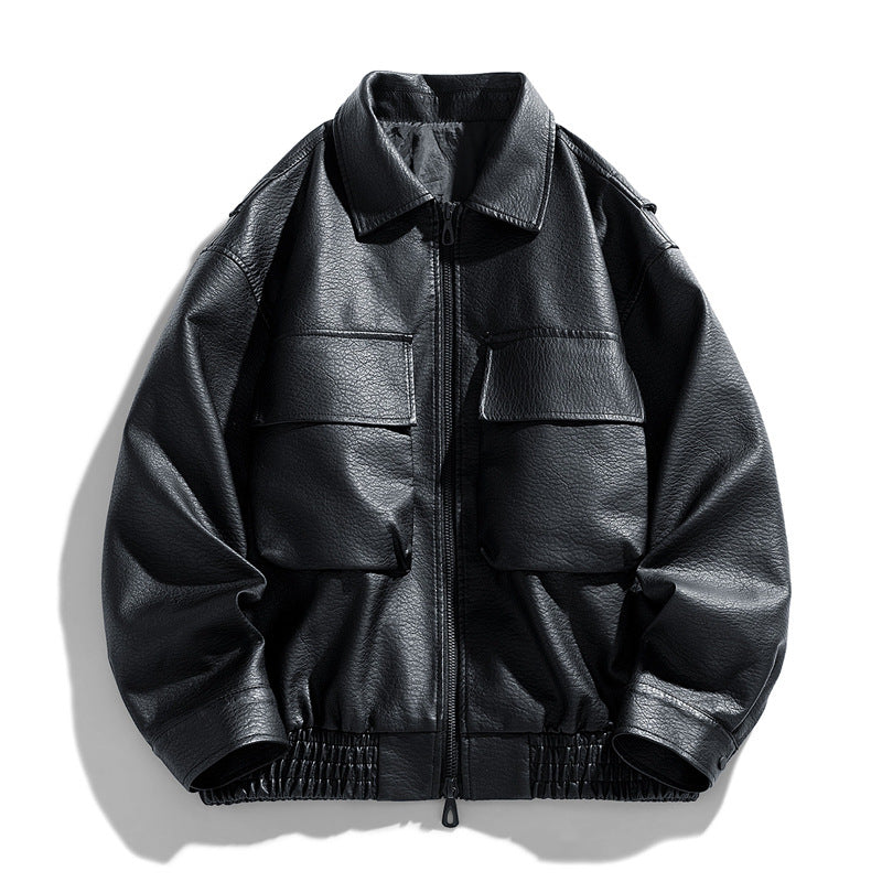 Lederjacke Herren Lässig Mit Taschen Elastisch Schwarz