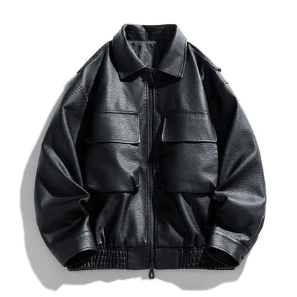 Lederjacke Herren Lässig Mit Taschen Elastisch Schwarz