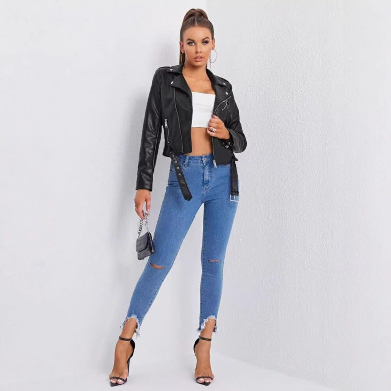 Leder Bikerjacke Damen Asymmetrisch Reißverschluss Schwarz
