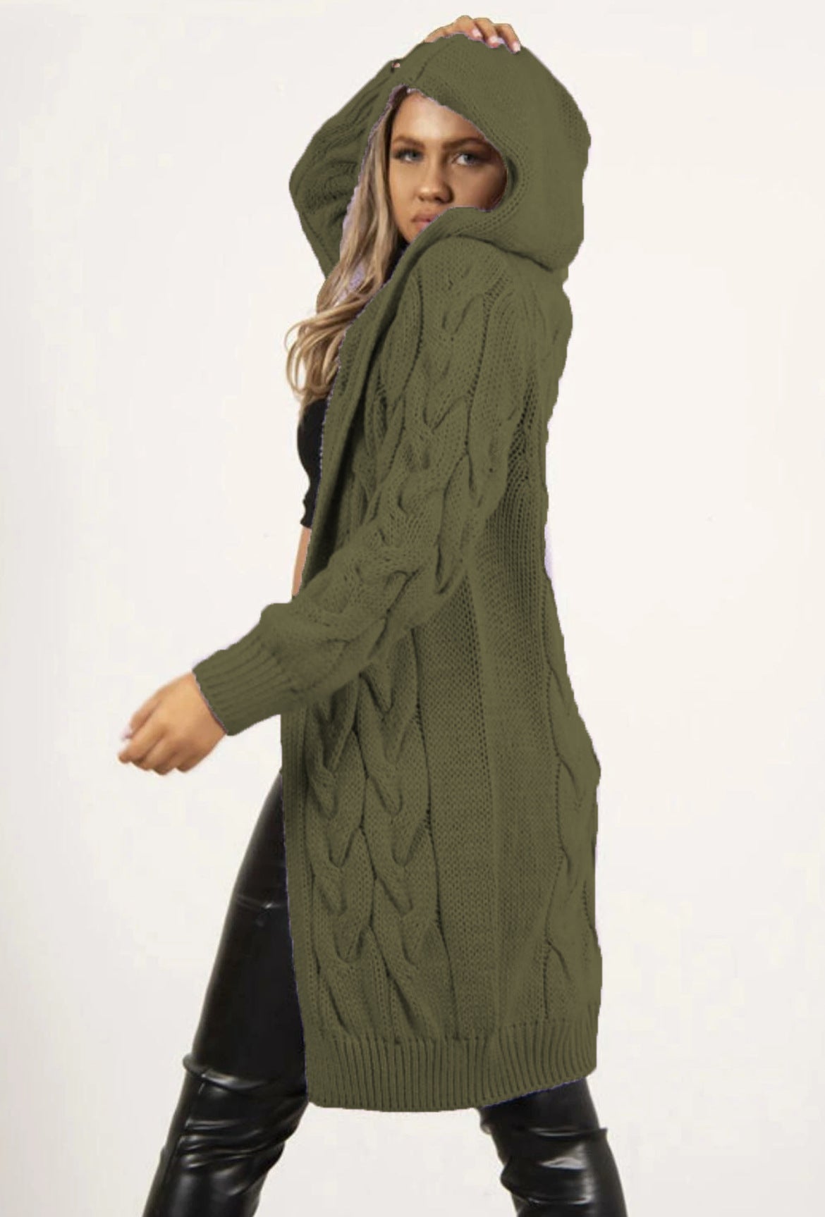Damen Strickmantel Kapuze Zopfmuster Modern
