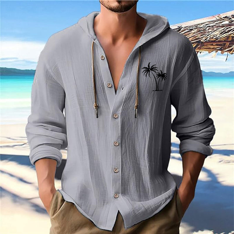 Herren Kapuzenshirt Modern mit Palmendruck und Knöpfen