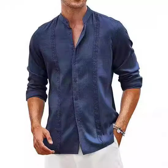 Herren Langarmhemd Elegant Stehkragen Feine Stickerei