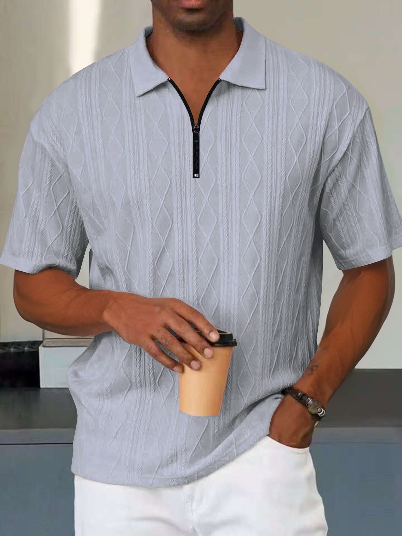 Herren Kurzarm Polo Shirt mit Reißverschluss Kragen Modern