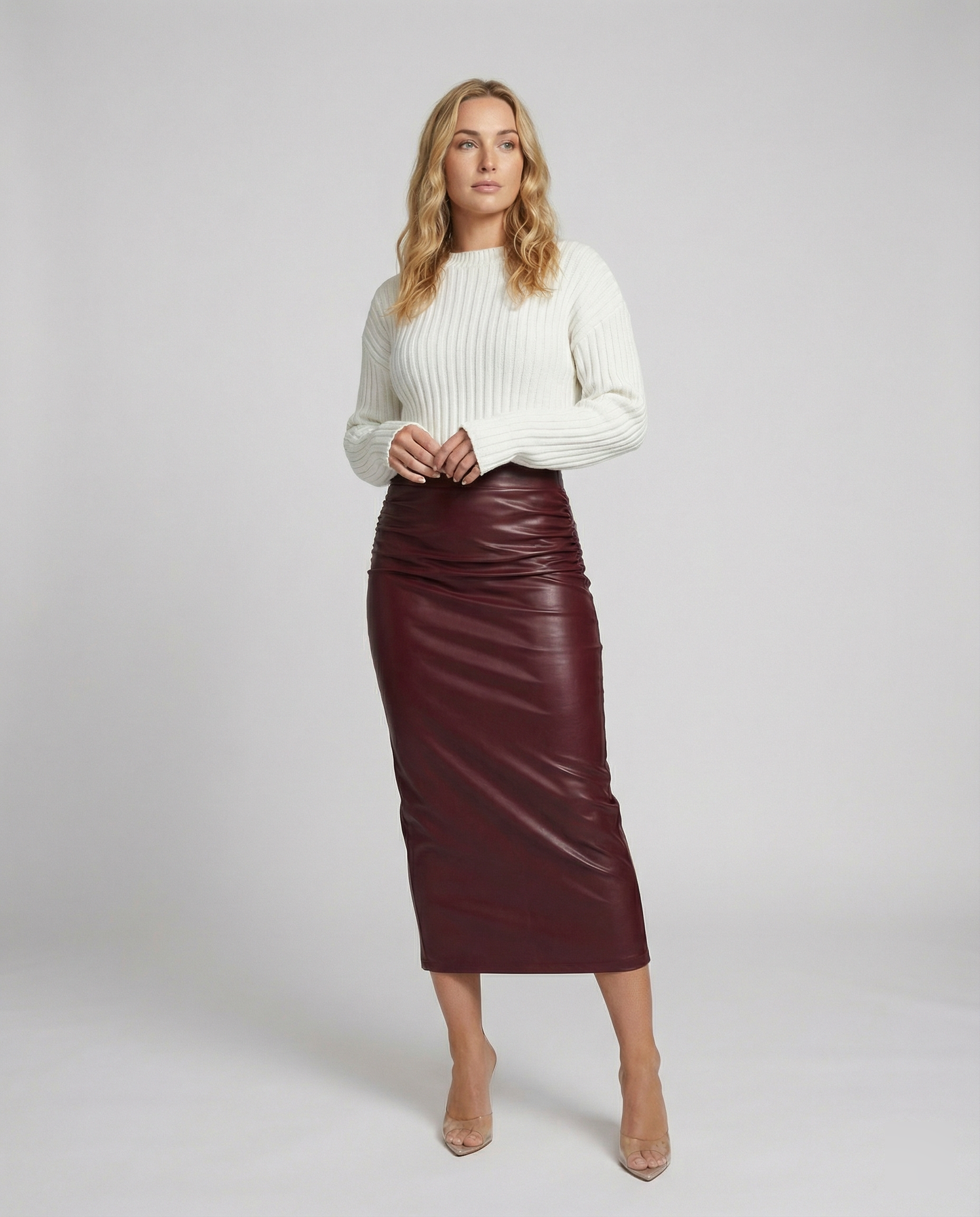 Lederrock Damen Midi Raffung Elegant Schwarz