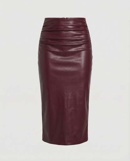 Lederrock Damen Midi Raffung Elegant Schwarz