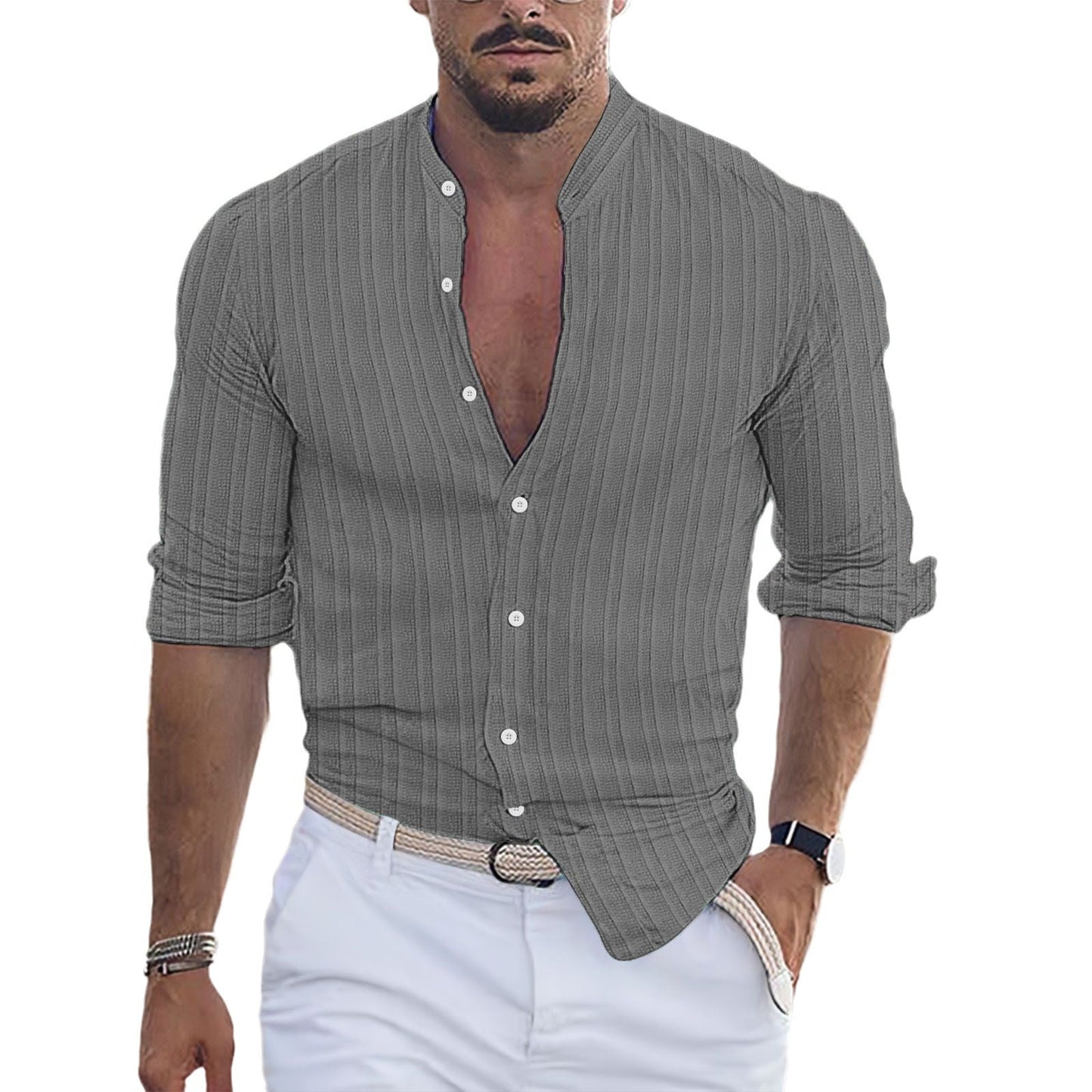 Herren Hemd Modern Stehkragen Strukturiert Trendy