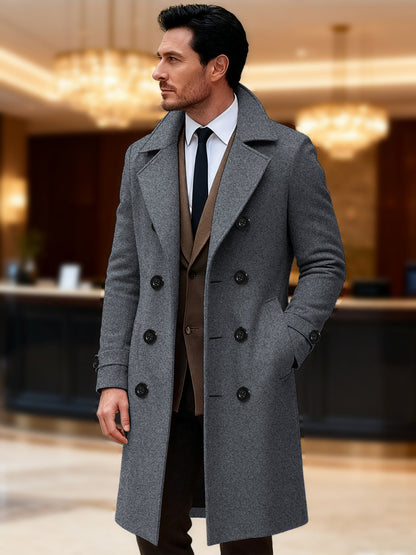 Herren Wollmantel Doppelreihig Elegant Schwarz