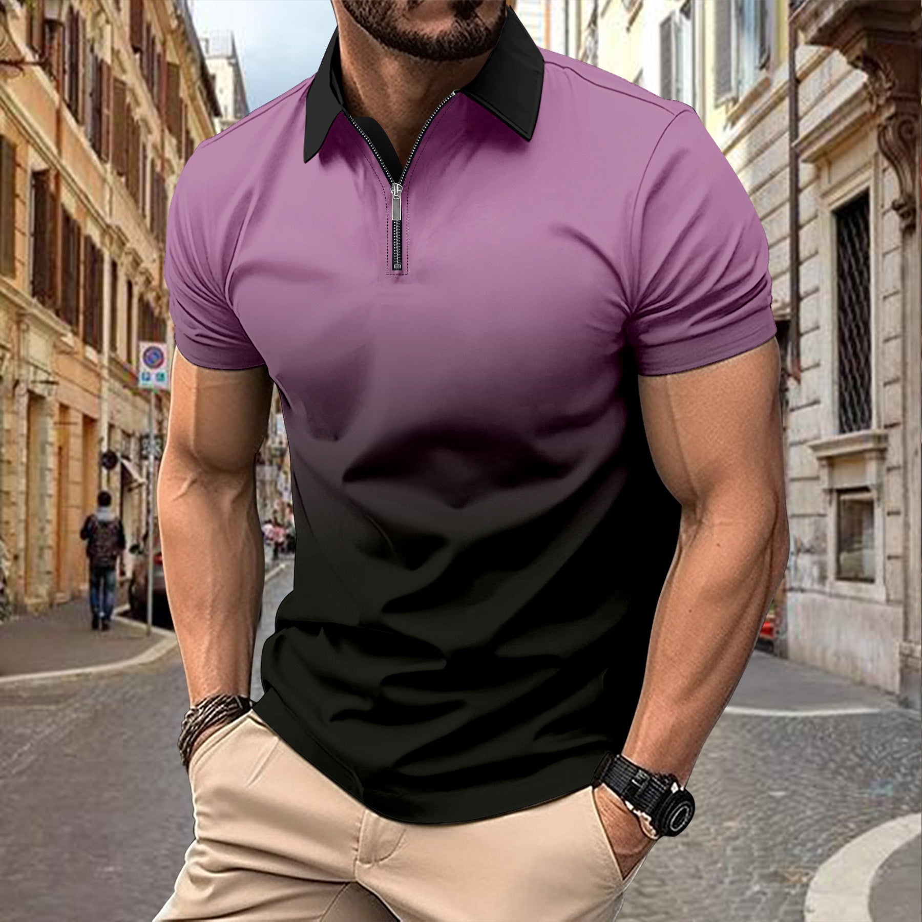 Herren Poloshirt Kurzarm Farbverlauf Modern mit Reißverschluss - BerlinGlamour