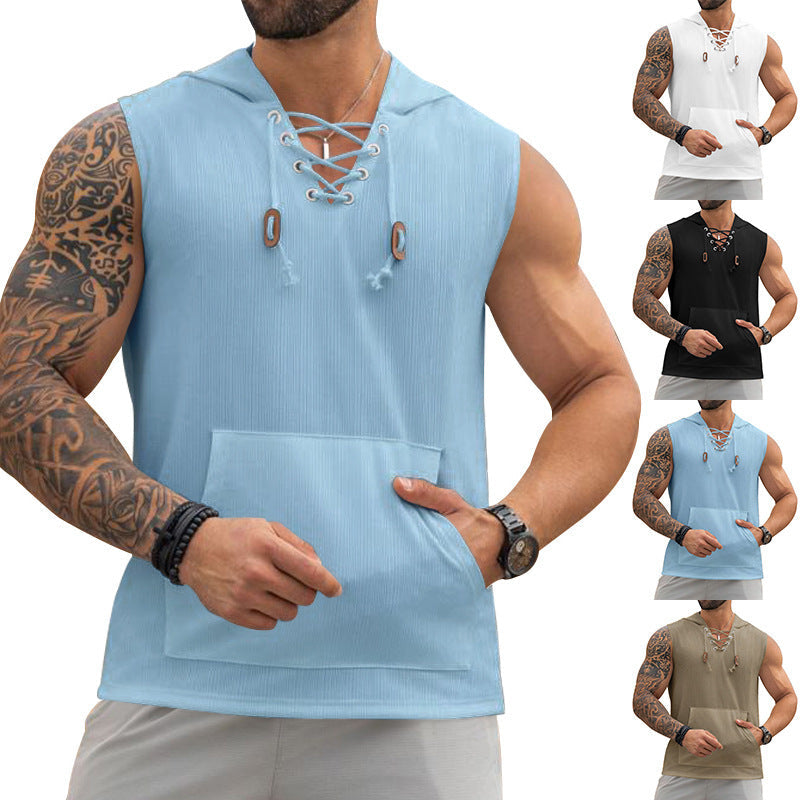 Herren Kapuzen-Shirt Ärmellos Schnürung Modern Sportlich - BerlinGlamour