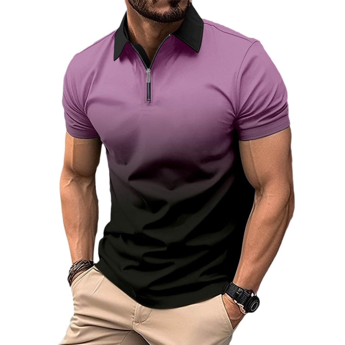 Herren Poloshirt Kurzarm Farbverlauf Modern mit Reißverschluss