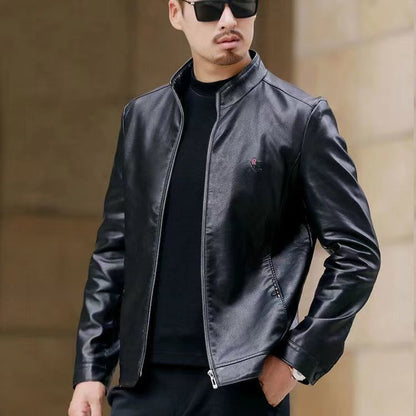 Herren Lederjacke Elegant Schwarz mit Kragen
