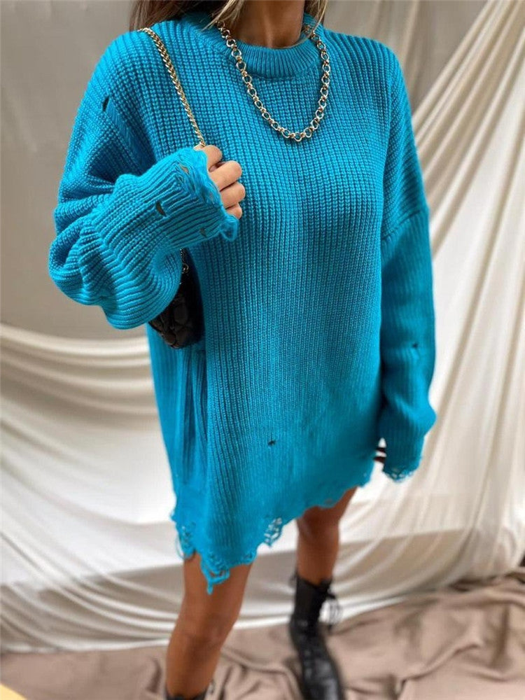 Damen Strickkleid Lang mit Lochmuster und Rundhalsausschnitt