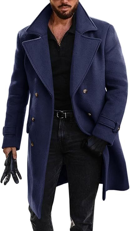 Herren Langmantel Eleganter Doppelknopf Schwarz