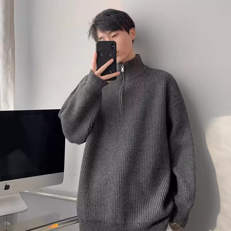 Herren Pullover Stehkragen Reißverschluss Grobstrick Modern