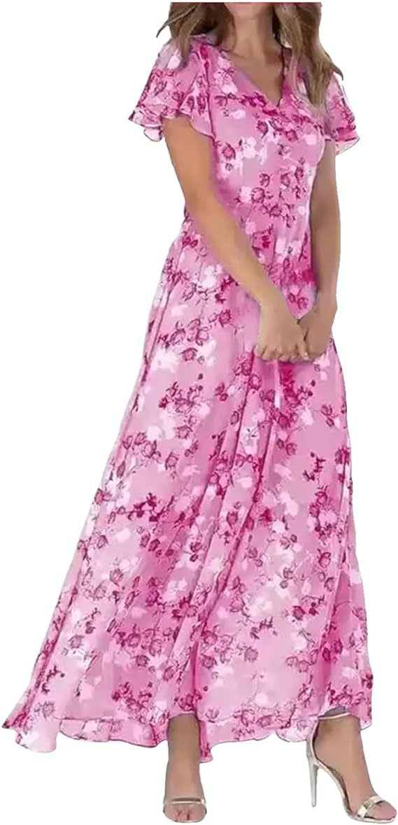 Damen Maxikleid Lang Florale Blumen Chiffon Kleid
