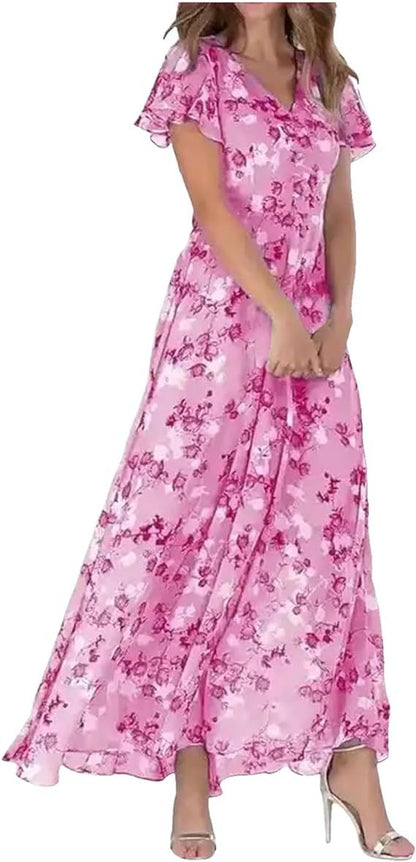 Damen Maxikleid Lang Florale Blumen Chiffon Kleid