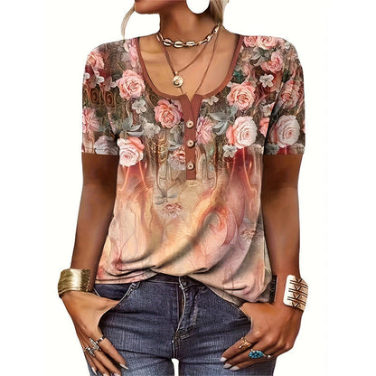 Bluse Damen Floralmuster Knopf Oberteil Modern
