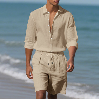 Herren Leinenhemd mit Henley Kragen und Brusttasche Sommer