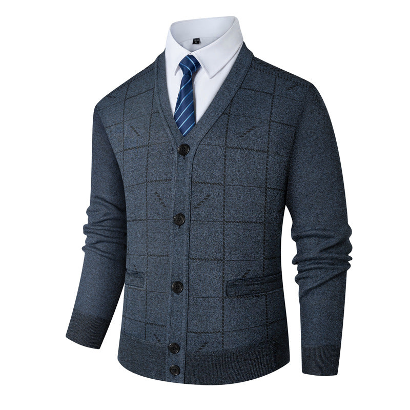 Herren Strickjacke V-Ausschnitt Modern Karomuster Grau