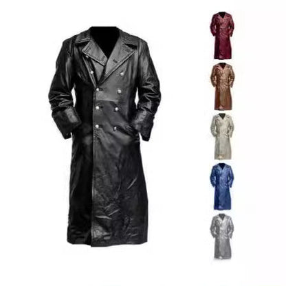 Herren Leder-Trenchcoat Doppelreihig Elegant Schwarz