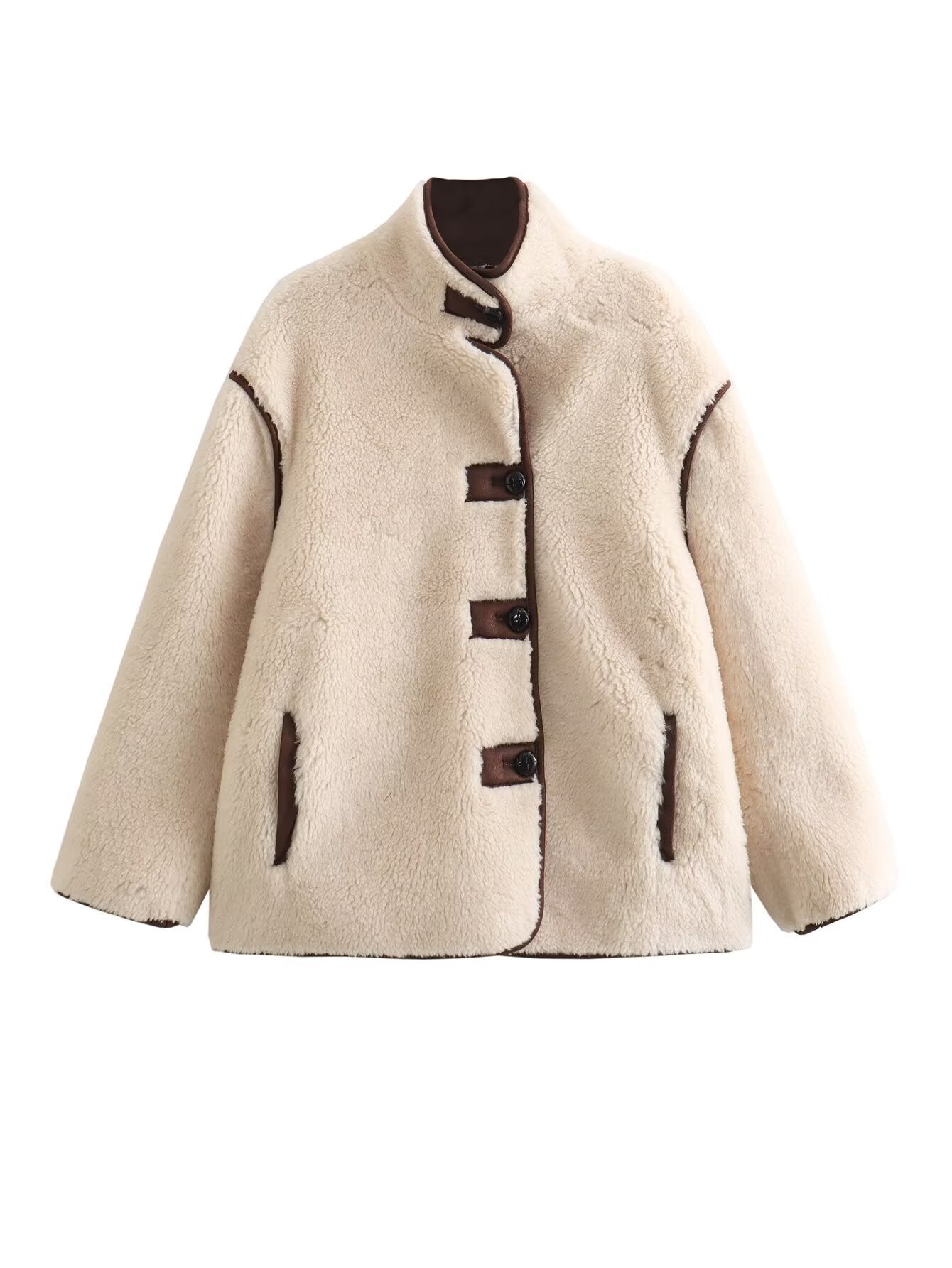 Damen Teddyjacke Stehkragen mit Taschen Warme Winterjacke