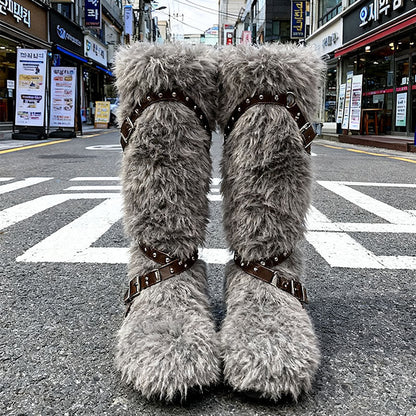 Damen Winterstiefel Flauschig mit Schnallen Schwarz