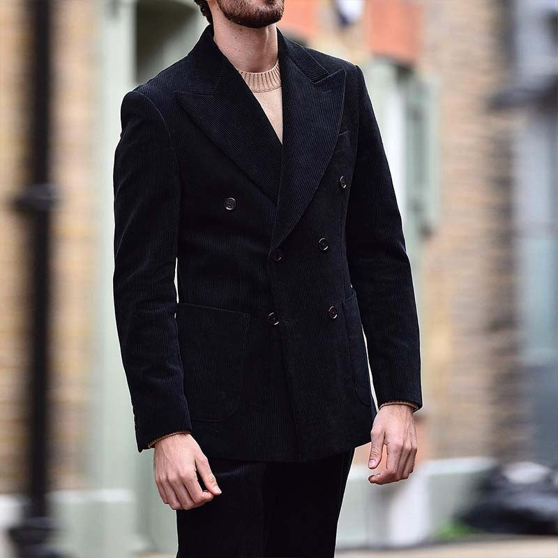 Herren Blazer Cord Elegant Mit Taschen Schwarz