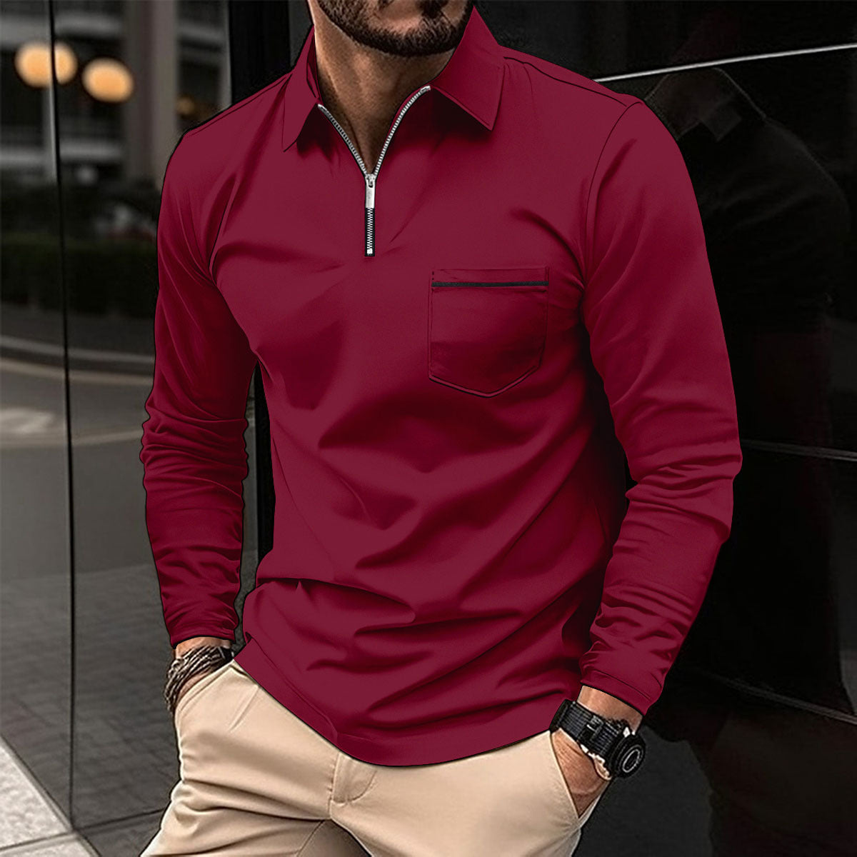 Herren Langarmshirt Modern mit Reißverschluss-details
