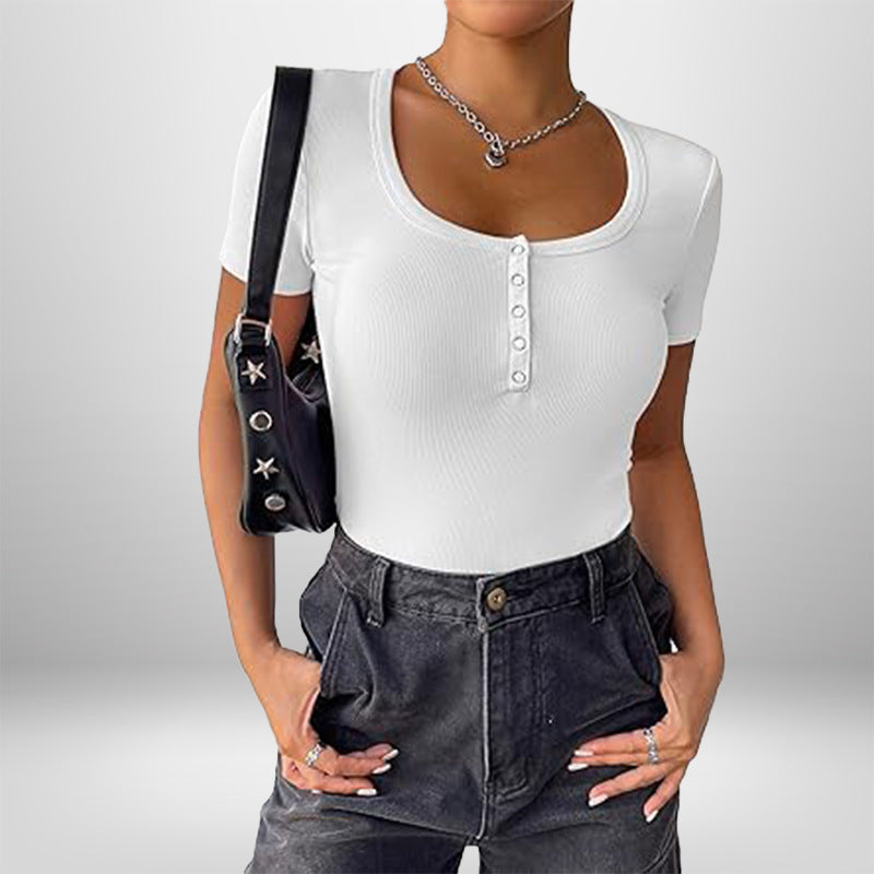 Damen Bodysuit Kurzarm Figurformend Mit Knöpfen