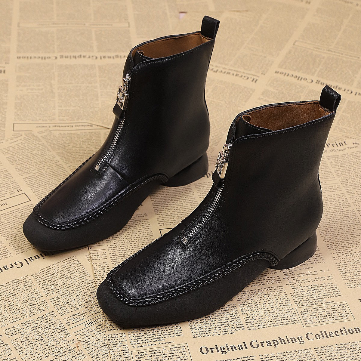 Damen Stiefel Ankle Boots Leder Reißverschluss Schmal